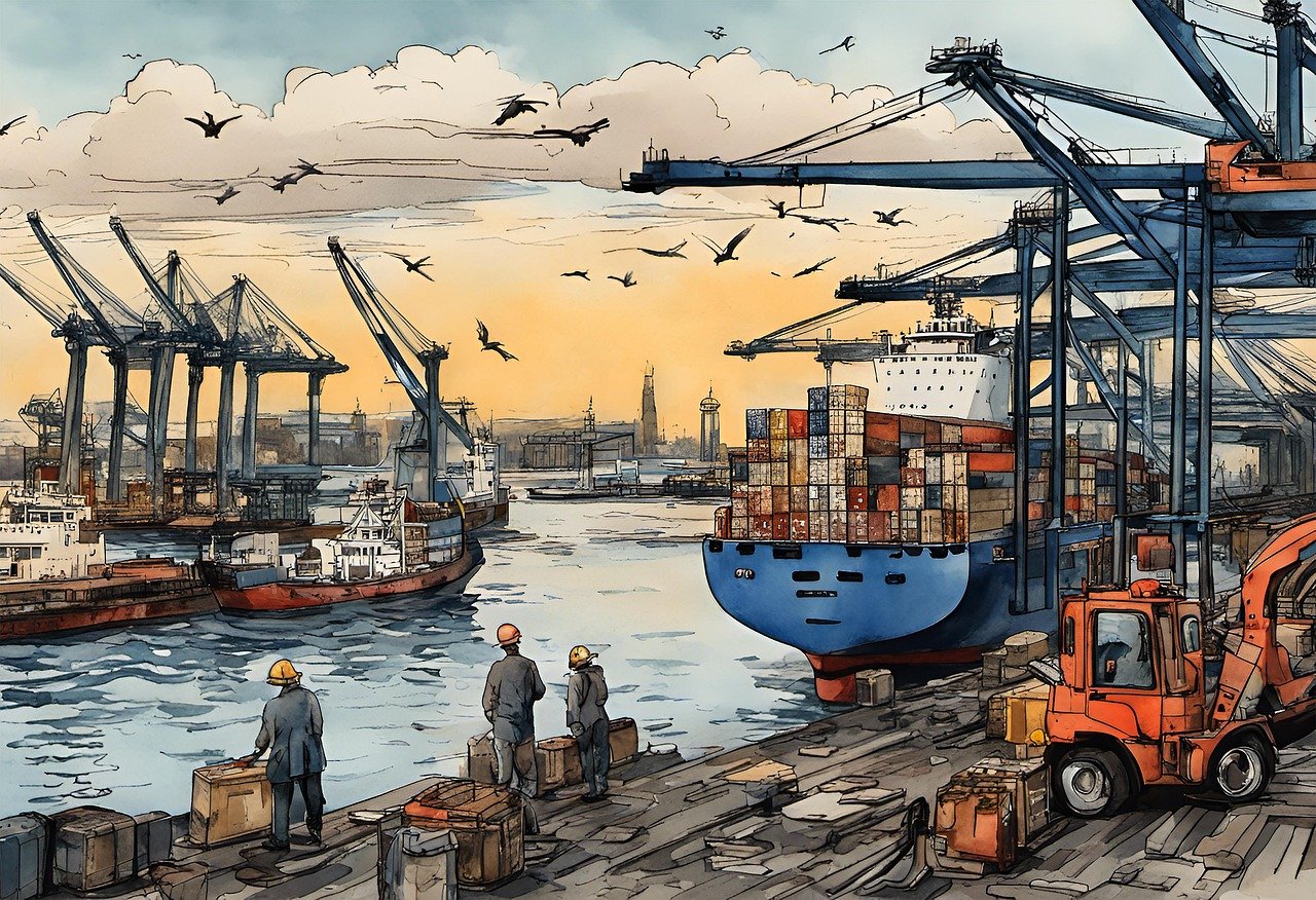 ai generated, cargo ship, port, port of hamburg, container, freighter, germany, container port, tractor, shipping, container ship, terminal, port cranes, transport, freight, hamburg, port, port, port, port, port, container, container port, shipping, shipping, shipping, container ship, container ship, container ship, hamburg